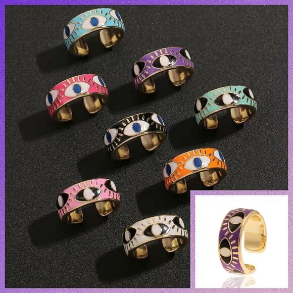 Evil Eye Enamel and Copper Adjustable Ring #1209 PURPLE - Picture 1 of 11